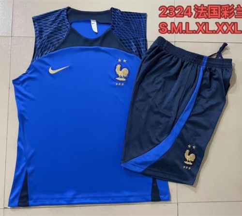 2023/24 France Blue Shorts-Sleeve Thailand Soccer Tracksuit Uniform-815