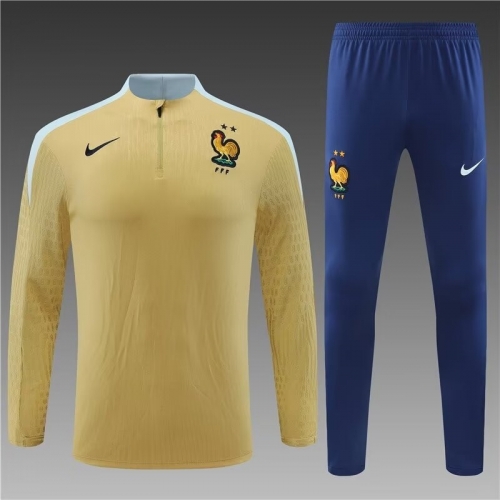 Player Version 2024-25 France Gold Thailand Soccer Tracksuit Uniform-801