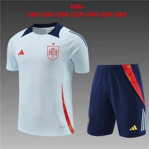 2024/25 Kids/Youth Spain Light Blue Shorts-Sleeve Thailand Soccer Tracksuit Uniform-801