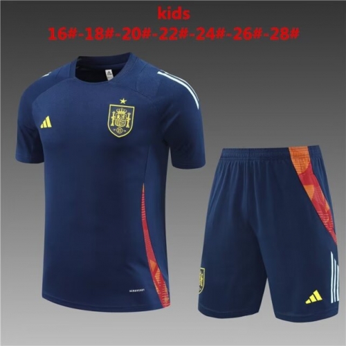 2024/25 Kids/Youth Spain Royal Blue Shorts-Sleeve Thailand Soccer Tracksuit Uniform-801