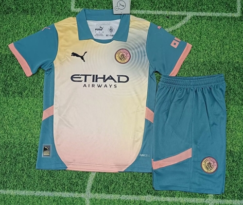 Kids 24/25 Manchester City 3nd Away Yellow & Blue Kids/Youth Soccer Uniform-123/BLY/507