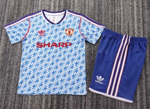 Kids 90-92 Retro Version Man United Away Blue Kids/Youth Soccer Uniform-811