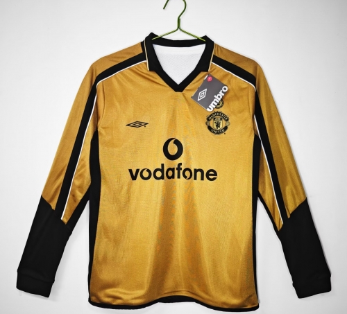 Double Sided 2001-02 Retro100th Version Manchester United Dark Yellow LS Thailand Soccer Jersey AAA-601/710/503