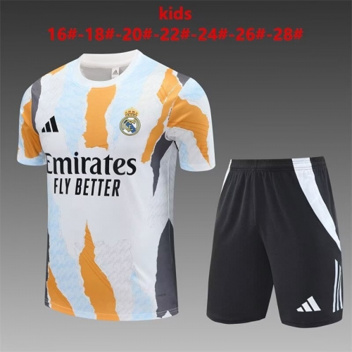 Kids 2024/25 Real Madrid Yellow & White Shorts-Sleeve Kids/Youth Soccer Tracksuit Uniform-801