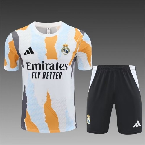 2024/25 Real Madrid White & Blue Shorts-Sleeve Soccer Tracksuit Uniform-801