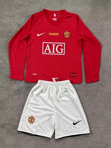 kids 07-08 Retro Version Manited United Home Red LS Youth/kids Soccer Uniform-311