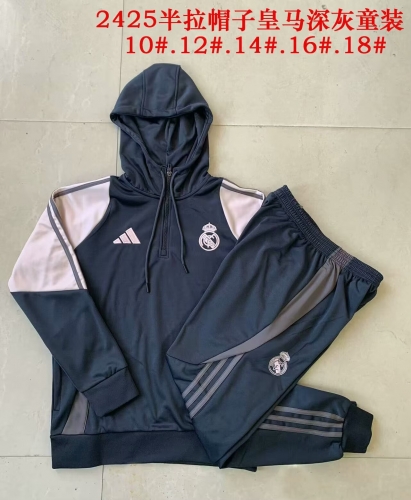 2024/25 Real Madrid Dark Gray Kids/Youth Soccer Tracksuit Uniform With Hat-815