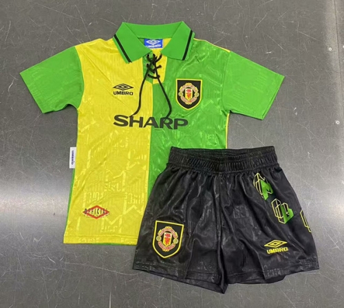 Kids 92-94 Retro Version Manchester United 2nd Away Yellow & Blue Kids/Youth Soccer Uniform-2011