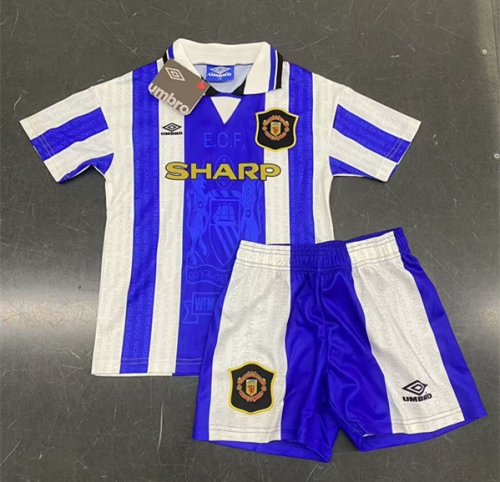 Kids 95-96 Retro Version Man United 2nd Away Blue Kids/Youth Soccer Uniform-2011