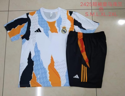 2024/25 Real Madrid Blue & White & Yellow Shorts-Sleeve Soccer Tracksuit Uniform-815