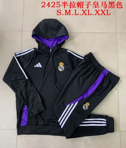 2024/25 Real Madrid Black Soccer Tracksuit Uniform With Hat-815