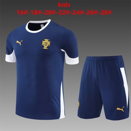 Kids 2025/26 Portugal Royal Blue Shorts-Sleeve Kids/Youth Thailand Soccer Tracksuit Uniform-801