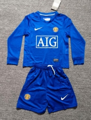 kids 08-09 Retro Version Manited United 2nd Away Blue LS Youth/kids Soccer Uniform-311