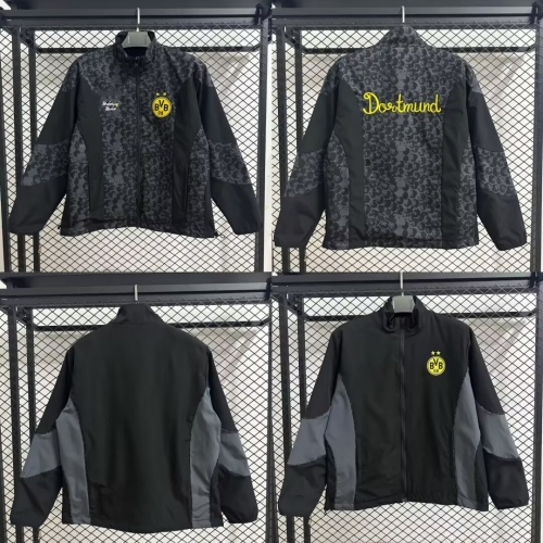 Double-sided 2025-26 Borussia Dortmund Black & Gray Windbreaker Hoodies Top-C1
