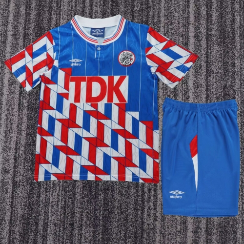 Kids 89/90 Retro Version Ajax Away Blue & Red & White Kids/Youth Soccer Uniform-811