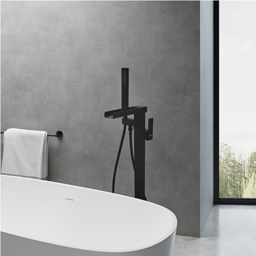 Waterfall Floor Mounted Freestanding Bath Shower Mixer-Matt Black