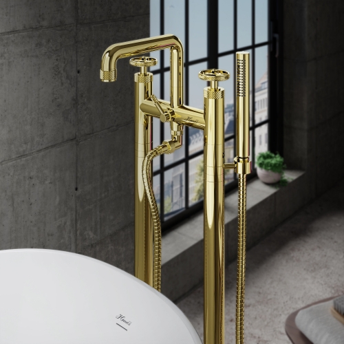 Luxuriously Industrial Style Freestanding bath shower mixer  with knurling handle+brass shower handset