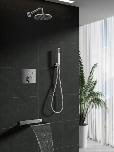 Waterfall Wall Mounted Bath Spout+modern Concealed Click  Shower Thermostatic Valve/three Outlets +Brass Round Outlet  Elbow With Parking Bracket,Bras