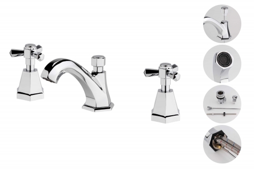 Traditional 3 Holes Whole Brass Basin Tap With Brass Pop-up Waste With Trifurcate Handle
