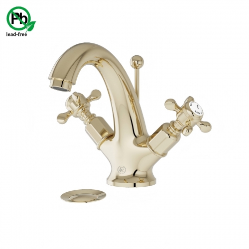 Old London Traditional Brass Mono Basin Mixer Tap with Cross Handle and Pop-Up Waste