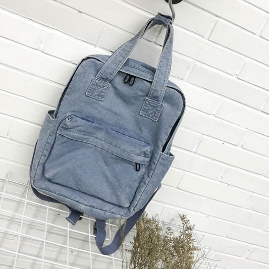 Fashionable Simple High Quality Solid Color Denim College School Bags Trendy Girls Backpack