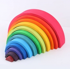 优质材料蒙特梭利木制玩具格林斯彩虹积木12件桥积木彩虹堆垛机