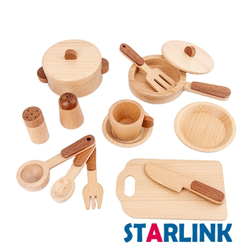 High quality beech wooden kitchenware cooking toy children pretend play miniature wooden pots tableware set toy for kids