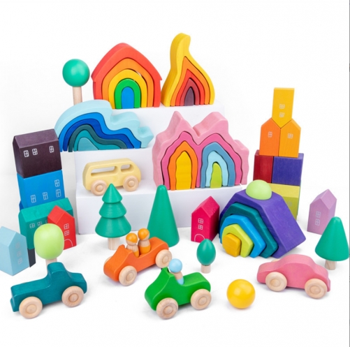 Children's Montessori Wooden Building Blocks Early Educational Toys Flame blocks Wooden Toys