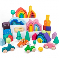 Montessori Educational Toy House Shaped Rainbow Color Wooden Blocks For Kids Play