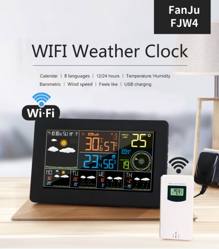 DT-FJW4 Digital Alarm Wall Clock Weather Station wifi Indoor Outdoor Temperature Humidity Pressure Wind Weather Forecast LCD