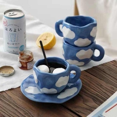 Hand pinch blue cloud cup ceramic coffee cups with irregular saucer afternoon tea cup set 300ml couple mug gift