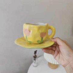 Hand pinch blue cloud cup ceramic coffee cups with irregular saucer afternoon tea cup set 300ml couple mug gift