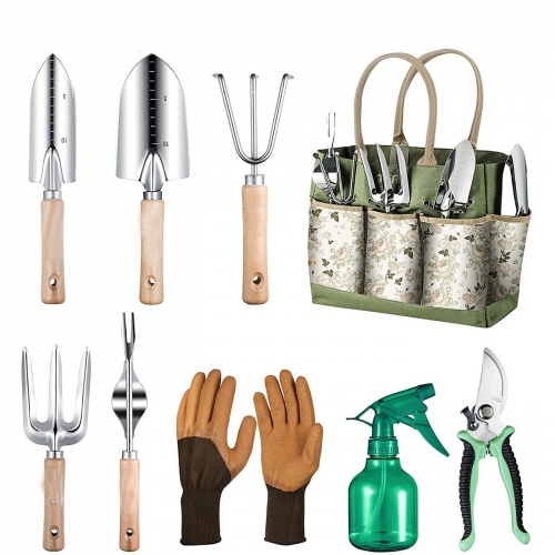 9 Pcs Wood Handle Stainless Steel blade Home Gardening Tool Set With Bag