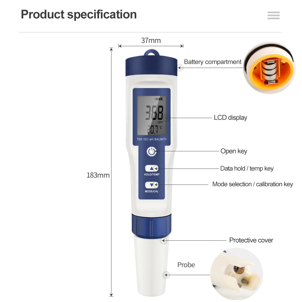 5 in 1 TDS Meter PH Tester, 0.01 High Accuracy Digital PH Meter for Water, PH/TDS/EC/Salt/Temp Tester, PPM Meter Water Tester for Drinking Water, Hydroponics, Plants, Aquarium and Pool