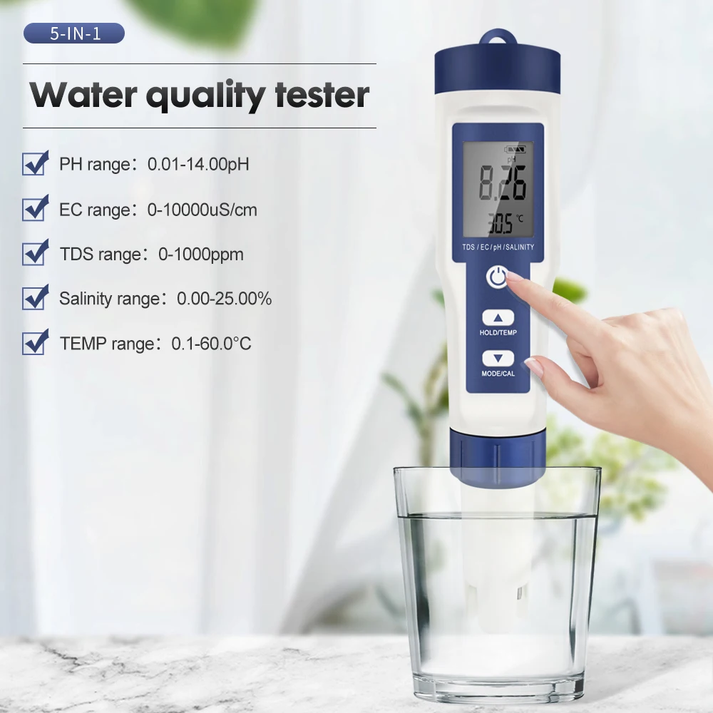 5 in 1 TDS Meter PH Tester, 0.01 High Accuracy Digital PH Meter for Water, PH/TDS/EC/Salt/Temp Tester, PPM Meter Water Tester for Drinking Water, Hydroponics, Plants, Aquarium and Pool