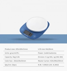 KP1944 5kg/0.1g Round Platform Blue Plastic Kitchen Scale with Tare Function LCD Battery Food Weight Scale