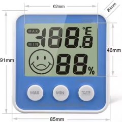 DC108 Products Description Model number DC108 Temperature range -10℃~+50℃ (14℉~+122℉) Product Dimension 91×85×20 mm Humidity Range Indoor 20% RH~90% RH Power-supply 1.5V(AAA) x 1 Features 1.Indoor temperature display, indoor humidity display 	 2.Temperat