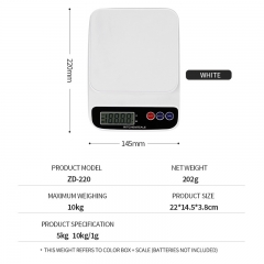 ZD-220-White 5kg/1g 10kg/1g Portable Digital Electronic Kitchen Food Scale Plastic Weight Measuring Tool with Battery Power Source