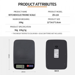 ZD-220-White 5kg/1g 10kg/1g Portable Digital Electronic Kitchen Food Scale Plastic Weight Measuring Tool with Battery Power Source
