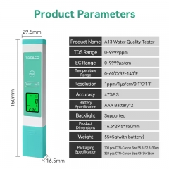 TDS-A13 3 in 1 Tds Meter with Backlight Ec Tds Senor Ec Tester Water Quality Tester for Drink Water Hardness Detector