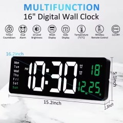 RC-6626 16 Inch LED Wall Clock with Minimalist Digital Temp Date Week Display ABS Remote Control for Living Room Decor