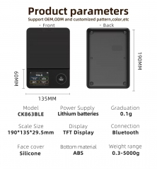 TFT-CK863BLE 5kg/0.1g OEM Coffee Scale Smart Portable Digital Kitchen Scale with for AAA Battery Stainless Steel ROHS Certified