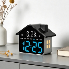YD-GH9033 LED Digital Alarm Clock Ambient Light Large Display Smart House Shape Table Clock Modern Decorative Bedroom Small Clock