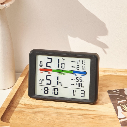 YD-2310 Modern Design Indoor Air Comfort Indicator LCD Alarm Clock Hangable Digital Thermometer Hygrometer with Stand Display Time Date