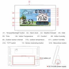 JS-3551A Touchscreen Weather Station Thermometer Hygrometer Barometer Digital Alarm Clock with Wireless Sensor Weather Forecast Station