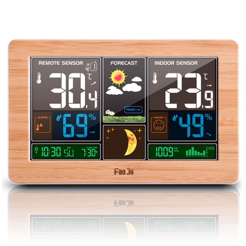 JS-FJ3378-DCF-Wood Large Weather Station Thermometer Hygrometer Barometer Digital Clock Outdoor Sensor Tools Smart Weather Station