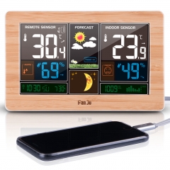 JS-FJ3378-DCF-Wood Large Weather Station Thermometer Hygrometer Barometer Digital Clock Outdoor Sensor Tools Smart Weather Station