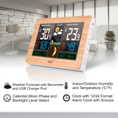JS-FJ3378-DCF-Wood Large Weather Station Thermometer Hygrometer Barometer Digital Clock Outdoor Sensor Tools Smart Weather Station