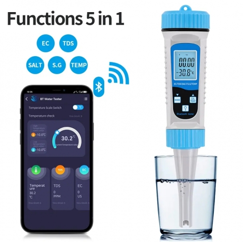 BT-785 5 in 1 TDS/S.G/Salinity/Temp/EC Meter Blue tooth Water Quality Tester for Aquariums & Pools Hydroponics