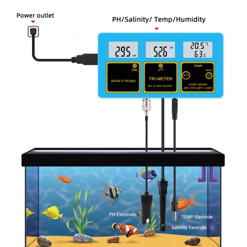 PH-215 110~120V Multi Parameter 6 in Monitor TRI Meter Salinity Meter 0-199.9ppt for Aquariums Aquaculture